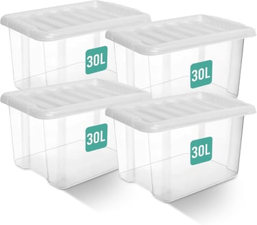a set of three clear plastic storage boxes with 30l capacity