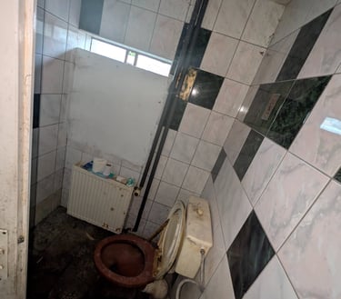 Extremely dirty toilet at rural Polish garage showing the uncomfortable conditions while stranded.