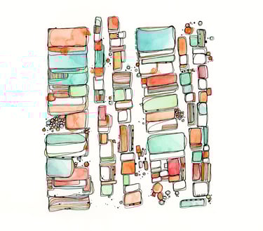 peinture abstraite couleurs orange et vert, cases de differentes formes