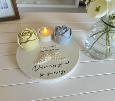 Dad memorial made from hydrostone with roses and a tea light holder