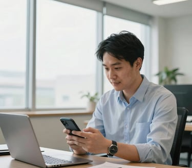 Asian businessman using a smartphone while working on a laptop in a bright modern office.