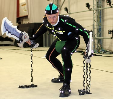 An actor performing for motion capture (MoCap)