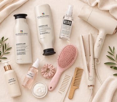 Hair care routine essentials including blow dryers, flat iron, comb, towel, and styling products