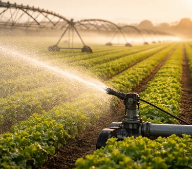Sistema automatizado de riego agrícola que rocía agua sobre hileras de hortalizas de hojas verdes