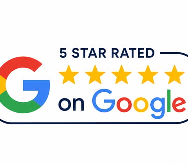 Official 5 star rated on Google badge featuring the Google logo and five gold stars for business reviews.