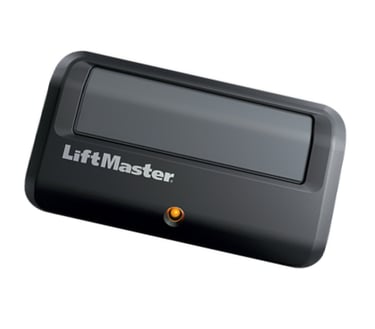 Black LiftMaster garage door opener remote with a single button and LED indicator light.