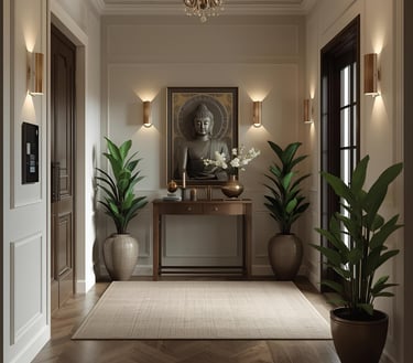 Elegant foyer entrance with curated artisan decor for peaceful living