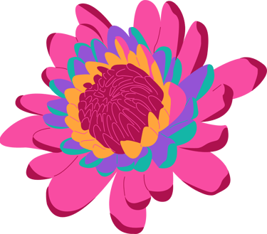 Stylized flower with pink, red, purple, turquise, and yellow petals