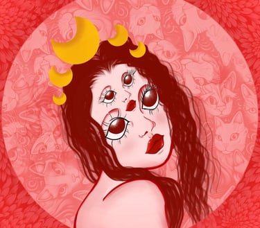 A digital Creation by Catsi of a Woman with Red Hair, A Cresent Moon Crown and Two faces