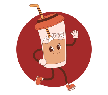 a cartoon character holding a drink in a cup