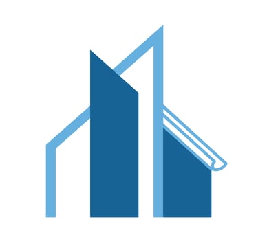 Minimalist blue architectural logo featuring geometric building silhouettes and a blueprint roll.