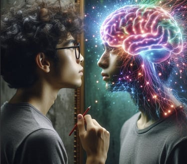 Personne qui decouvre son fonctionnement cérébral en se regardant dans un mirroir