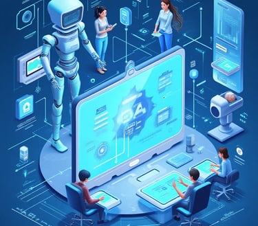 a robot is standing in front of a laptop