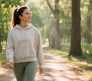 A woman in a grey hoodie walking on a sunlit forest trail for morning outdoor exercise.