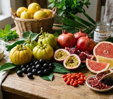 Frutas frescas de garcinia cambogia, romã, maracujá e goji berry sobre uma mesa rústica de madeira.