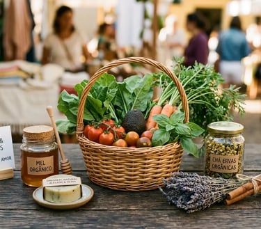 Vegetais orgânicos frescos em uma cesta de vime, com mel artesanal e ervas naturais 