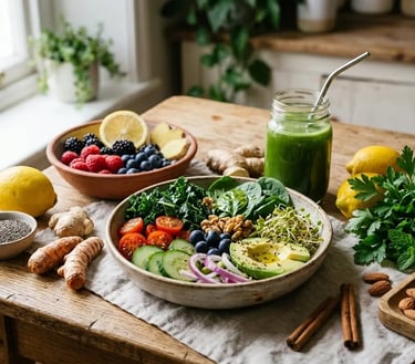 Uma tigela de salada saudável à base de plantas com abacate e frutas vermelhas, ao lado de um smooth