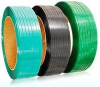 Green PET strapping coils stacked for export shipment