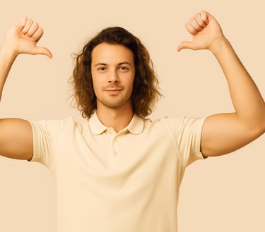Joven que se muestra con los brazos arriba y sus pulgares apuntando hacia el. Se nota con confianza