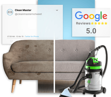 antes e depois de sofá limpo e higienizado ao lado do equipamento de limpeza