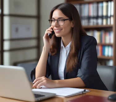 A woman in a black suit is seated at a wooden desk with an open laptop in front of her. She is reaching for a traditional black rotary phone on the desk. The workspace includes decorative elements such as a vase with dried grass, a small plant, and a stack of books. A lamp stands in the background.