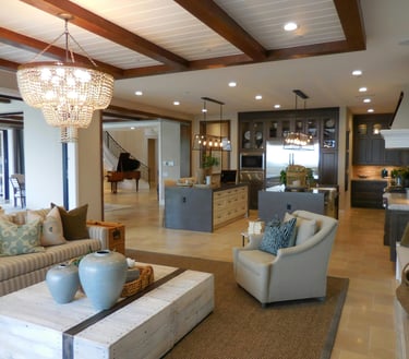 Modern rustic living room with warm wood tones, neutral upholstery, and layered textures
