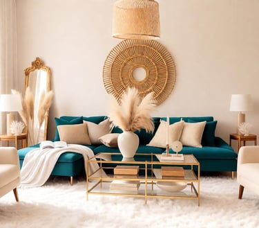 Teal boho living room with bohemian textures, teal and earth tones, and eclectic styling