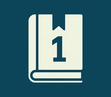 A white book icon with a number one and a bookmark on a dark blue background.