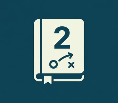 Minimalist playbook icon showing a number 2 and strategy symbols on a white book.