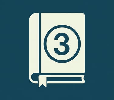 White minimalist book icon featuring the number three in a circle on a dark teal background.
