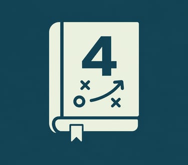 White strategy book icon with number four and tactical play symbols on a teal background.