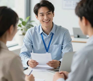 A friendly agent discussing health insurance options with a smiling client at a bright office.