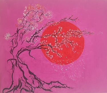 Ilustración de Óscar Ocaña Parrón; cerezo japonés. Lluvia de pétalos sobre un lienzo magenta, y Sol rojo