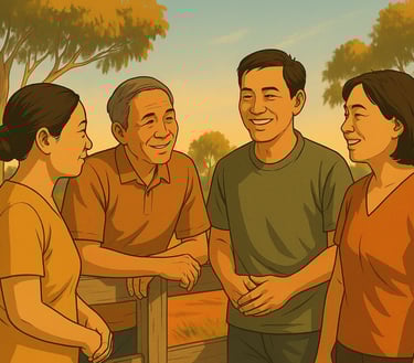Vietnamese adults talking by a wooden fence in warm afternoon Mallee light, gum trees and red soil creating a friendly scene