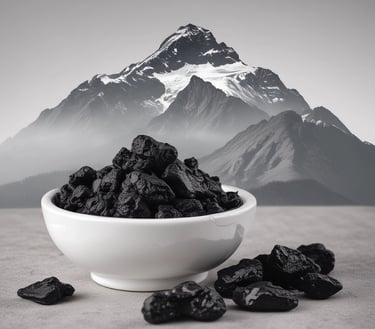Pure, natural Shilajit resin pieces in a white bowl with a mountain background, ingredient for Libib
