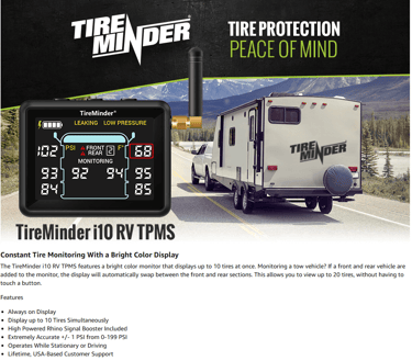 TireMinder i10 RV TPMS system display showing real-time tire pressure, essential RV tech for 2025.