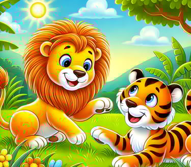 Un León y un Tigre jugando en la selva