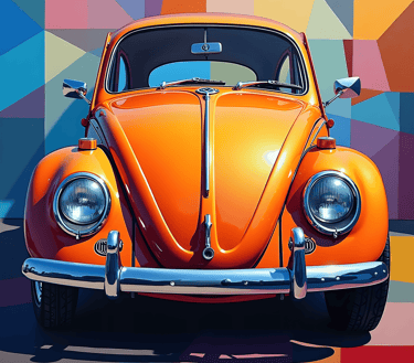 Un coche Beegle (escarabajo) antiguo con colores vivos estilo cubista