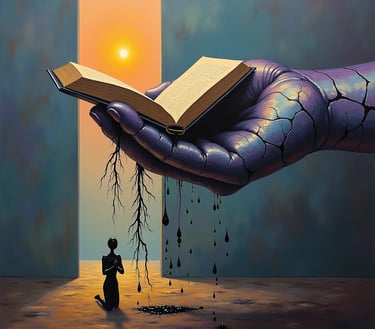 Una mano que sostiene un libro que sangra. Arte Surrealista