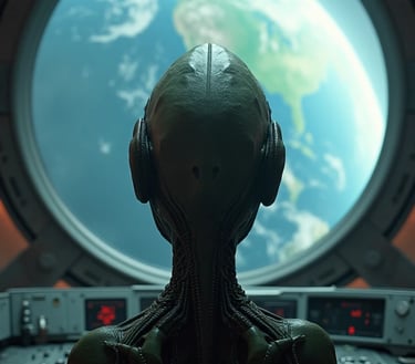 Alien (extraterrestre) en una nave viendo La Tierra desde una ventana