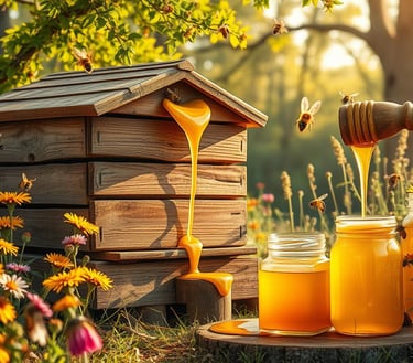 wooden beehive with honey dripping from the hive, lush  garden and wildflowers