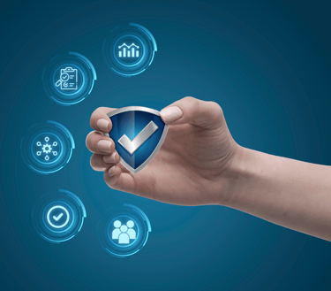 a person holding a shield shield with a blue background