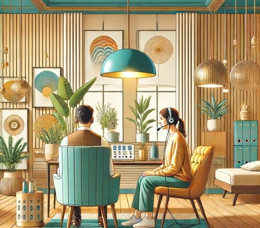 a man and woman sitting at a desk in a room