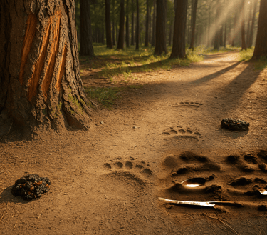Animal tracks and bear scat near campsite warning of recent wildlife activity and potential danger in survival setting