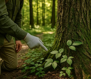 Person harvesting wild plantain and other edible leaves at tree base for survival foraging