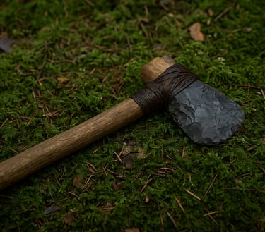 Primitive bushcraft stone axe with wooden handle for wilderness tool crafting chopping and survival construction