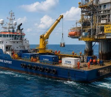Offshore support vessel supplying equipment to a marine platform