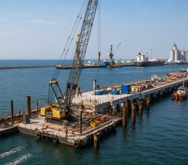 Port and harbor construction with crane and marine infrastructure development