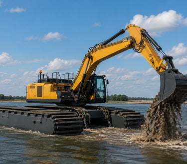 Amphibious excavator operating in shallow water for marine construction