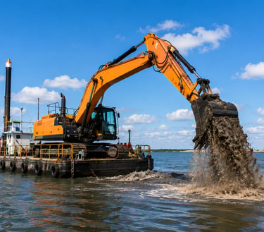 Excavator dredger carrying out dredging operations in a waterway